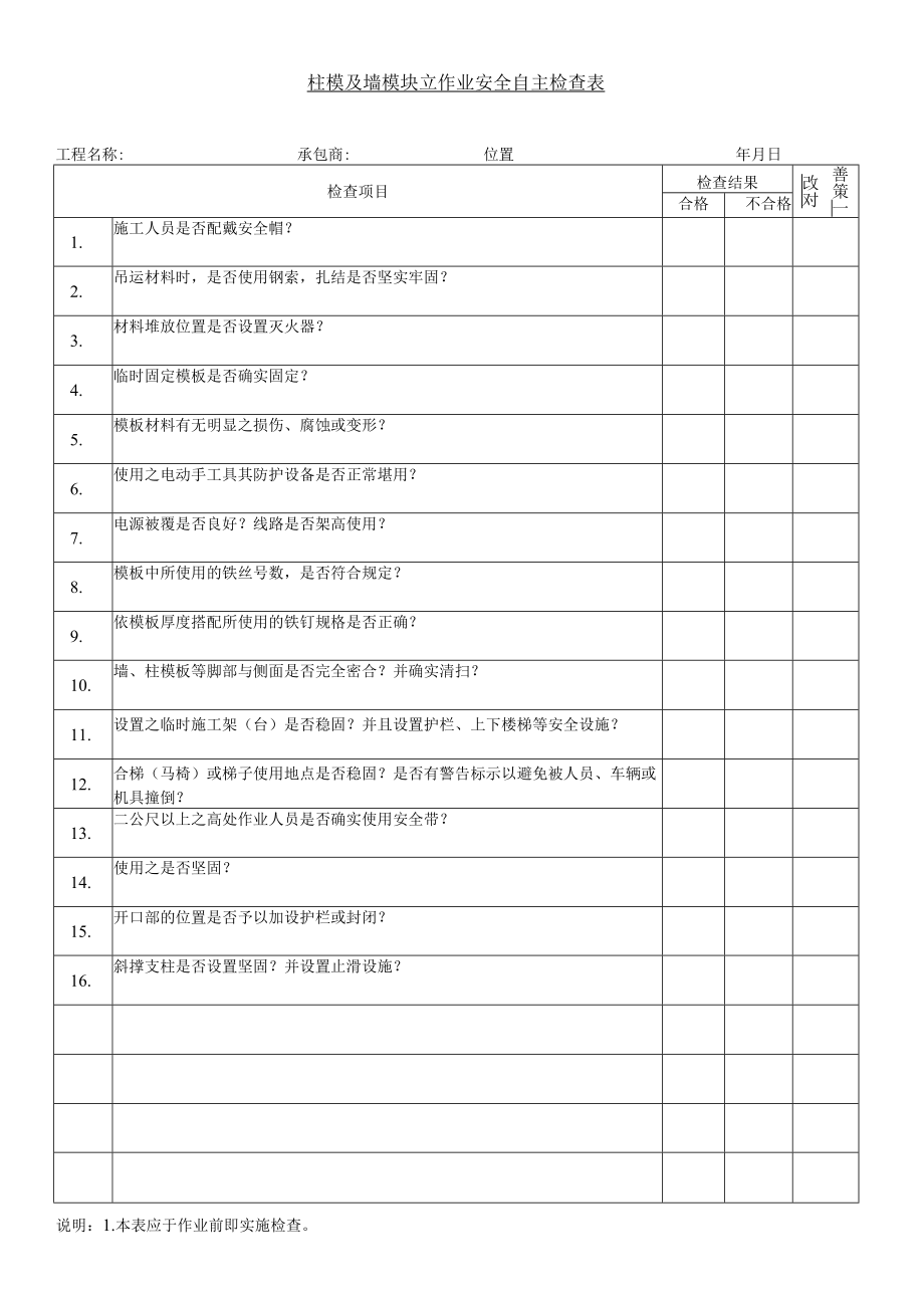 柱模及墙模块立作业安全自主检查表.docx_第1页