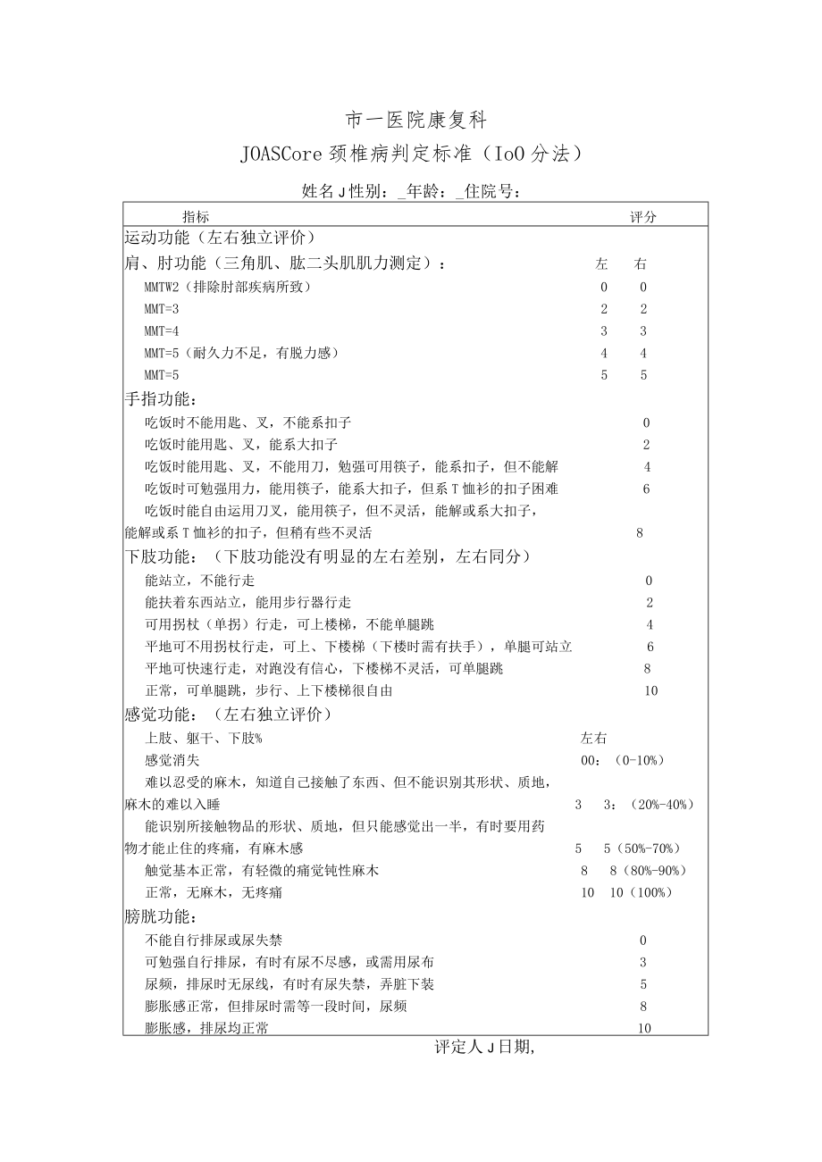 康复医学科颈椎病JOA评定表.docx_第1页