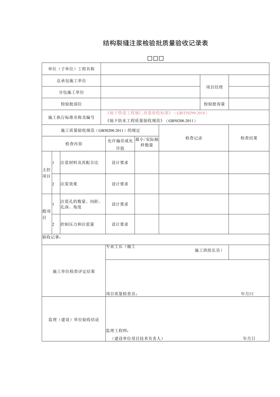 结构裂缝注浆检验批质量验收记录表.docx_第1页