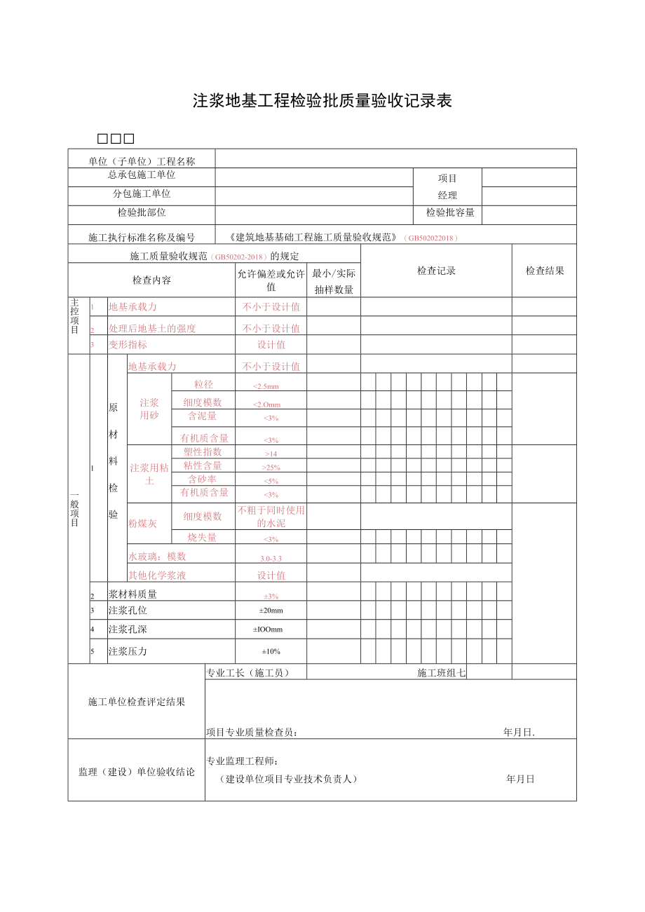 注浆地基工程检验批质量验收记录表.docx_第1页