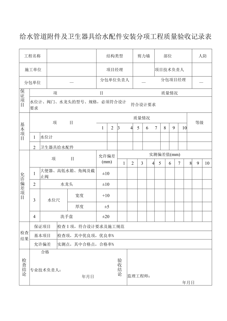 给水管道附件及卫生器具安装分项工程质量验收记录.docx_第1页