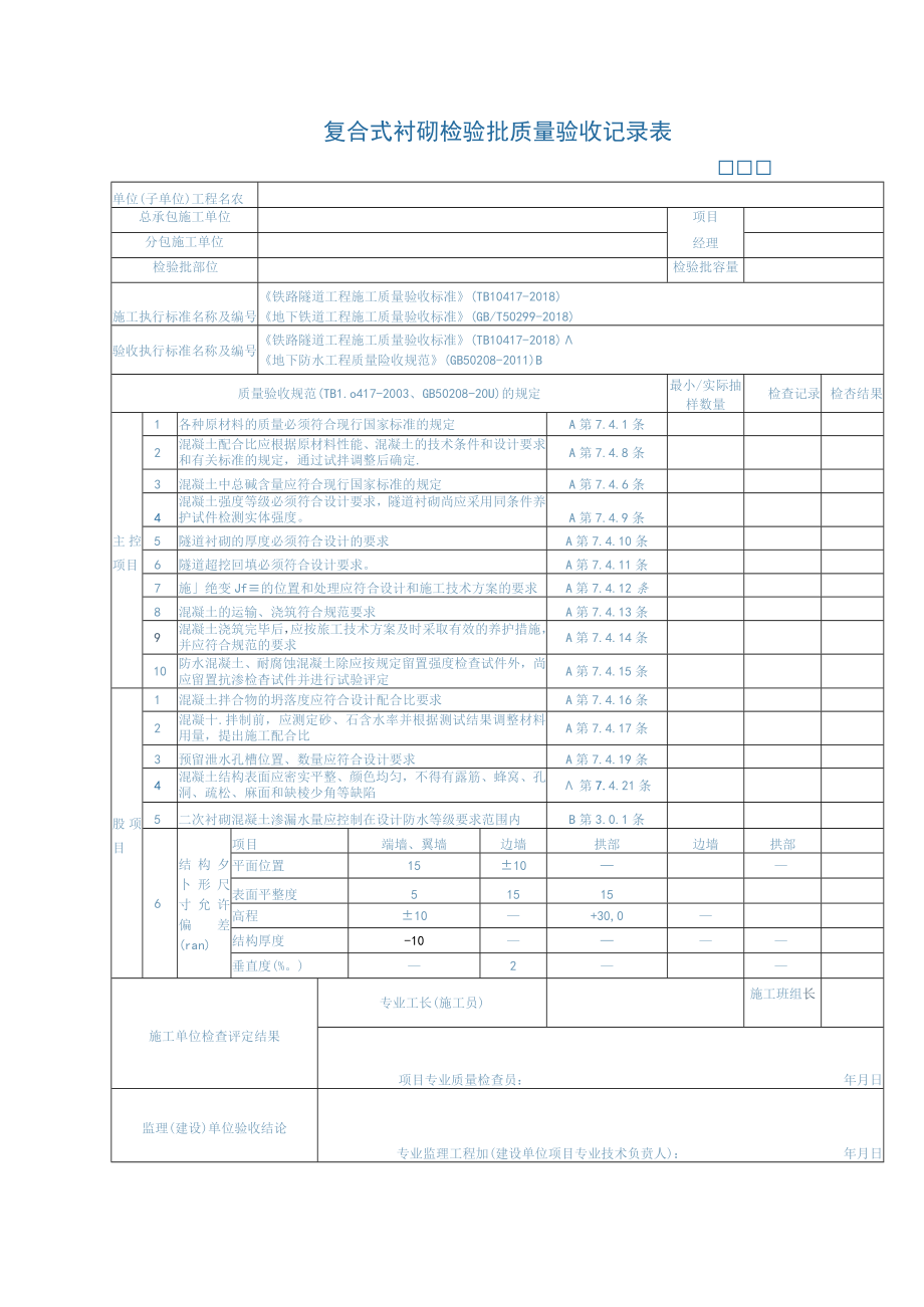 复合式衬砌检验批质量验收记录表.docx_第1页