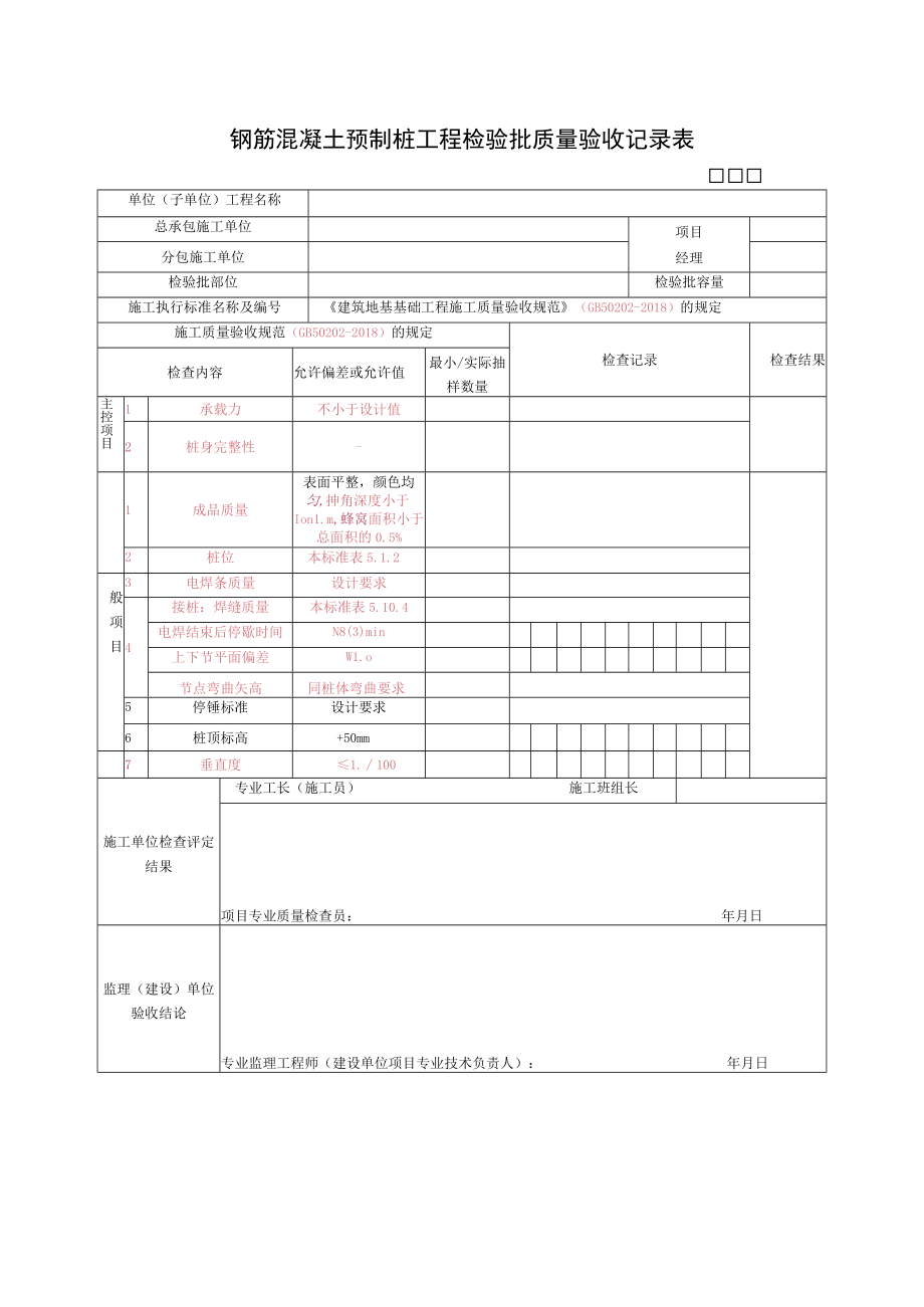 钢筋混凝土预制桩工程检验批质量验收记录表.docx_第1页