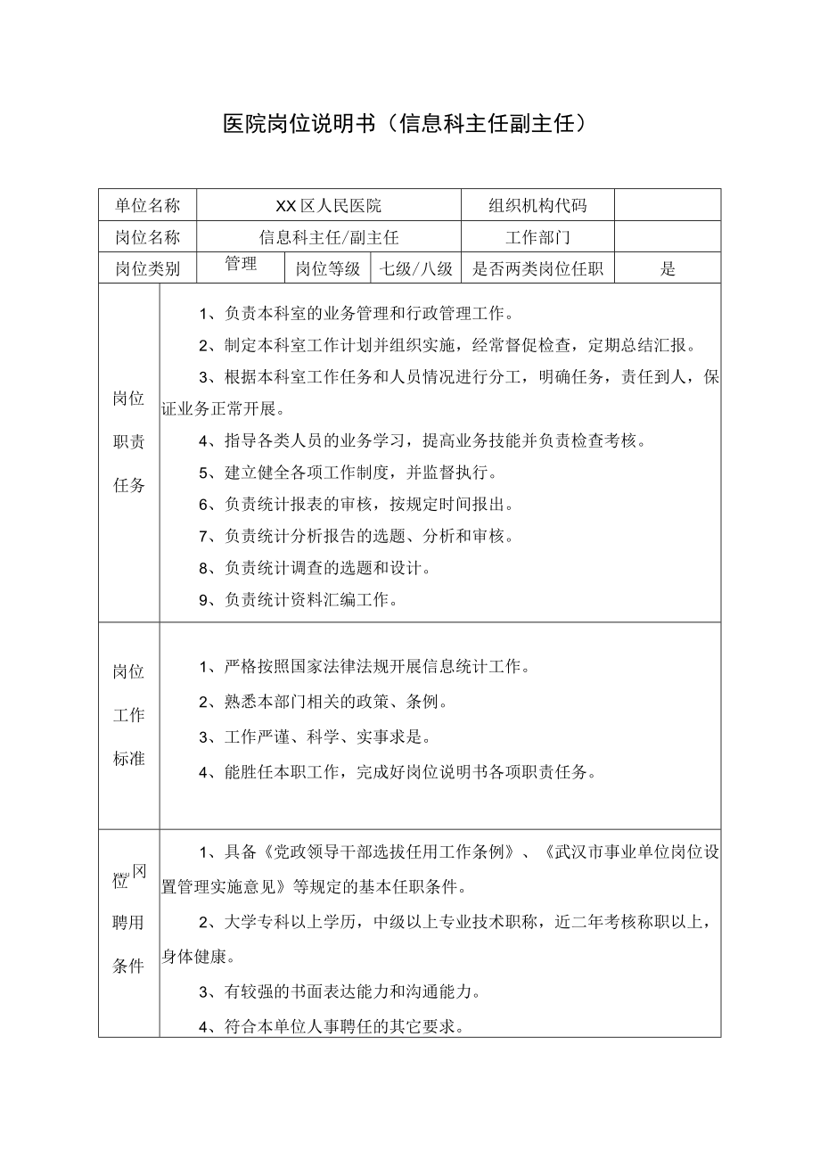 医院岗位说明书（信息科主任副主任）.docx_第1页