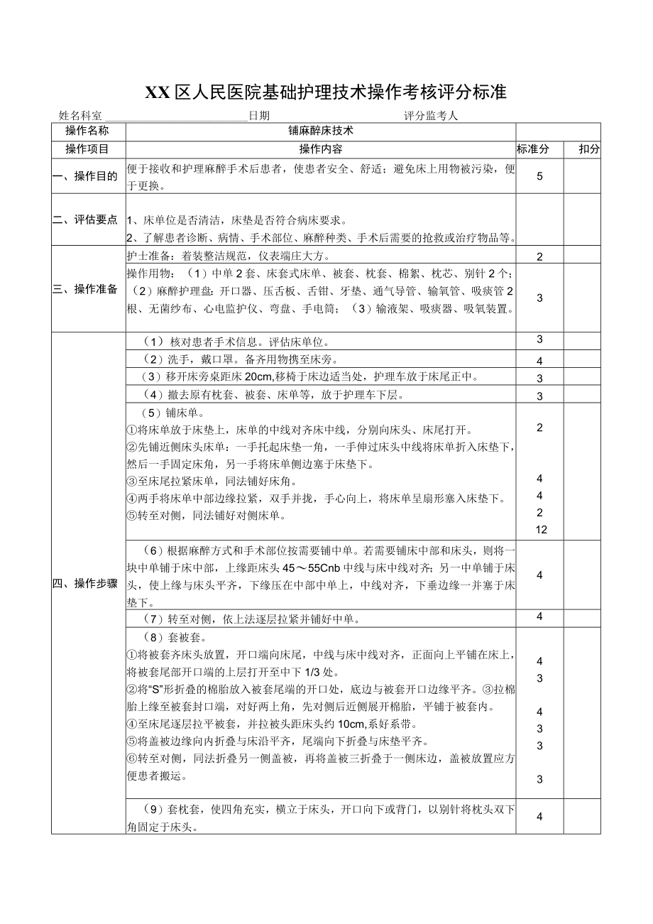 铺麻醉床技术操作评分标准.docx_第1页