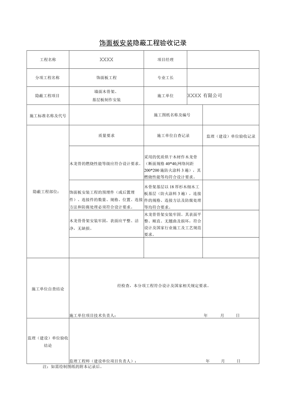 饰面板安装 隐蔽工程验收记录.docx_第1页