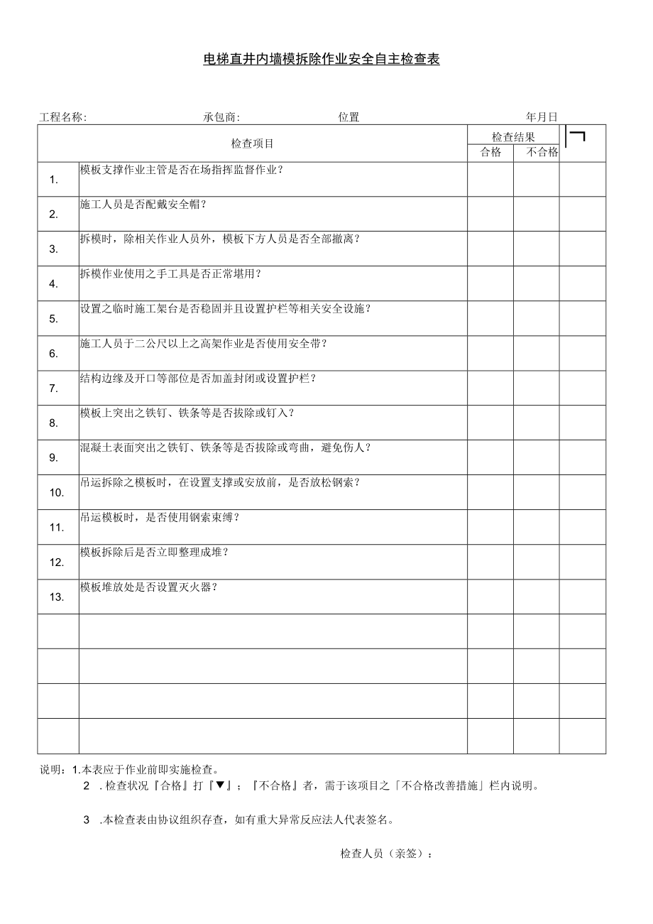 电梯直井内墙模拆除作业安全自主检查表.docx_第1页