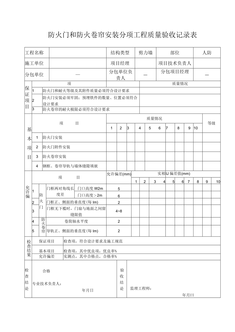 防火门和防火卷帘安装分项工程质量验收记录.docx_第1页