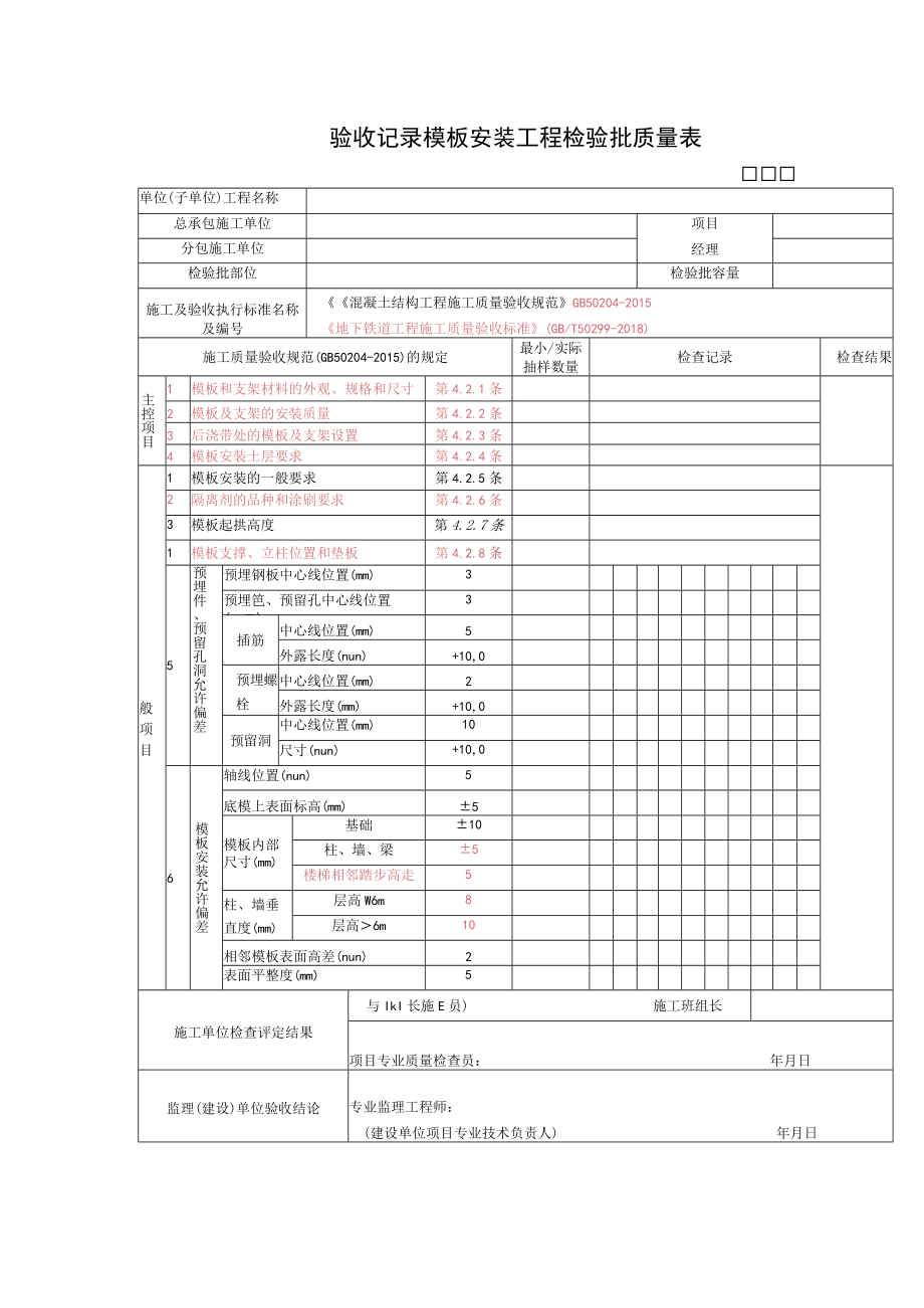 验收记录模板安装工程检验批质量表.docx_第1页