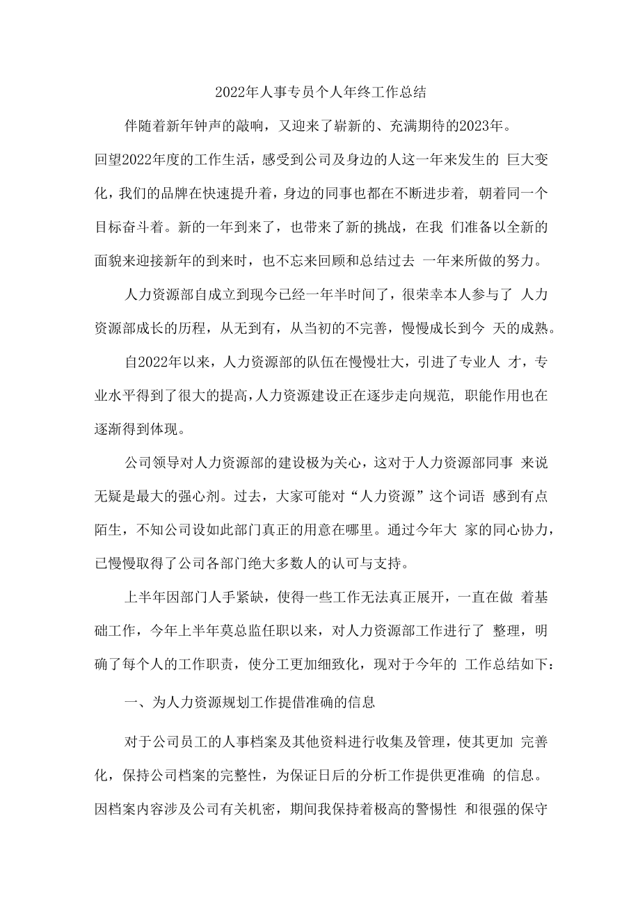 2022年软件开发单位人事专员个人年终工作总结.docx_第1页