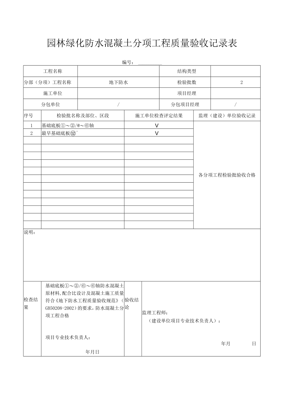 防水混凝土分项工程质量验收记录表.docx_第1页