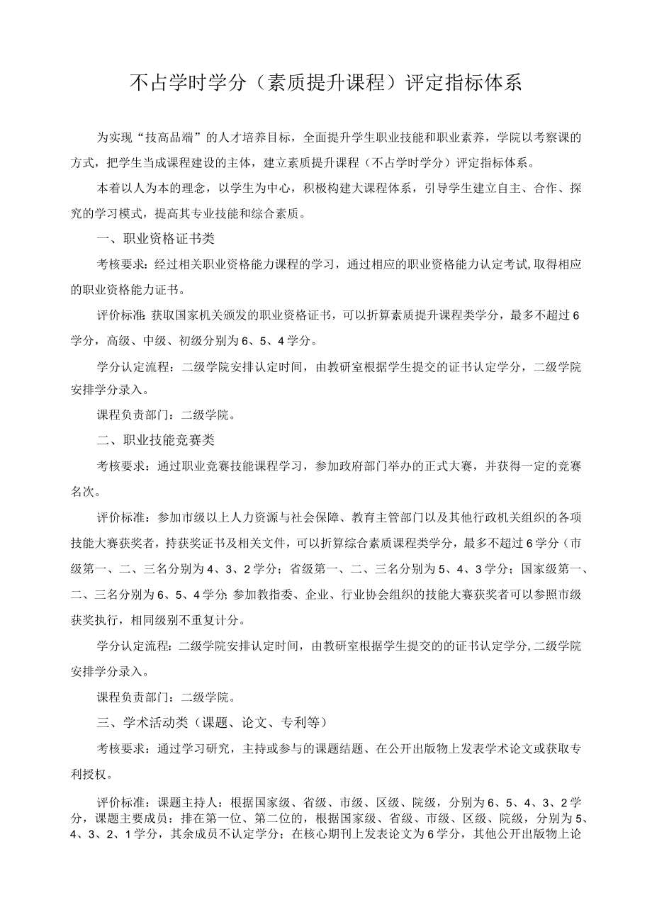 不占学时学分（素质提升课程）评定指标体系.docx_第1页