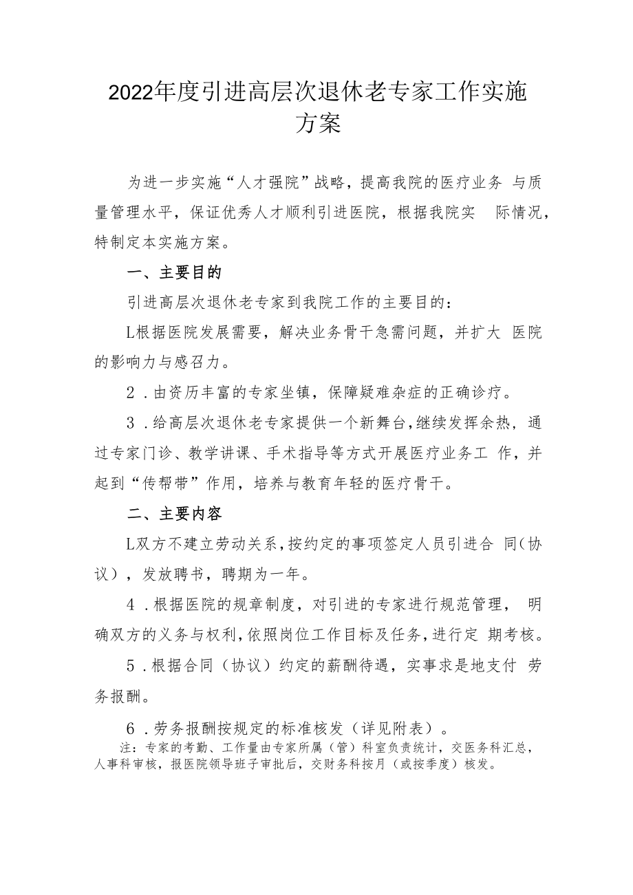 2022年度引进高层次退休老专家工作实施方案.docx_第1页