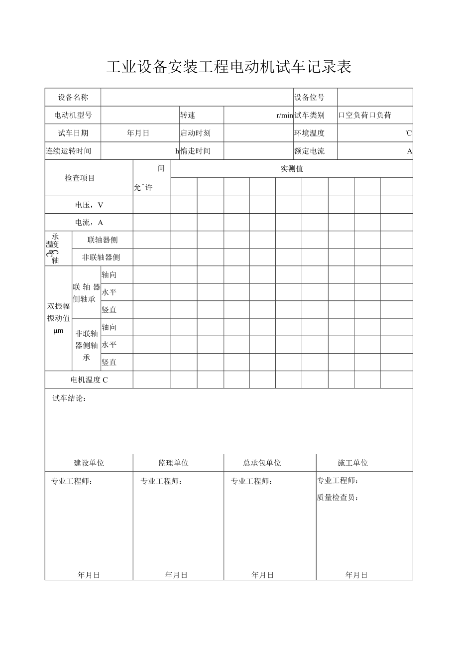 工业设备安装工程电动机试车记录表.docx_第1页