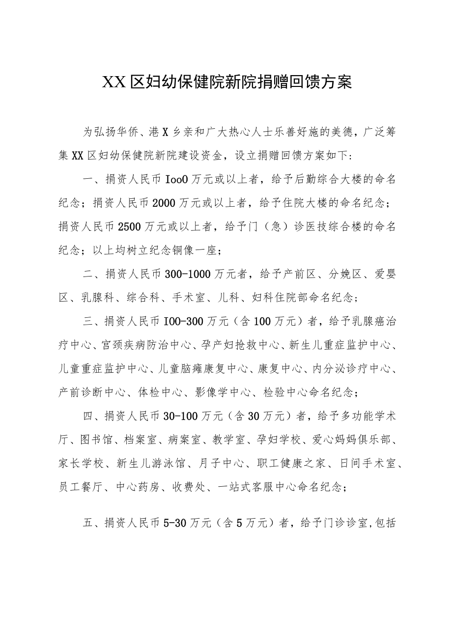 XX区妇幼保健院新院捐赠回馈方案.docx_第1页