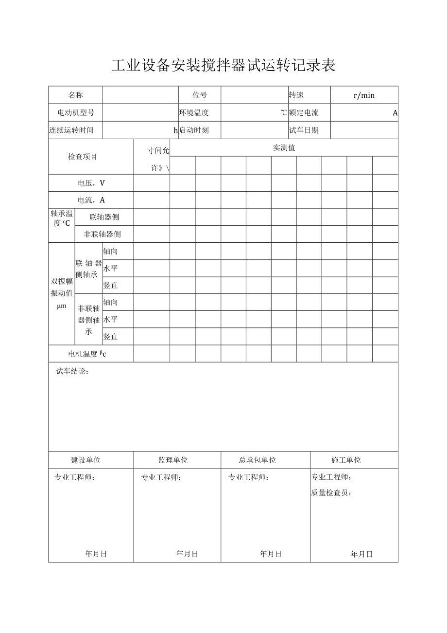 工业设备安装搅拌器试运转记录表.docx_第1页