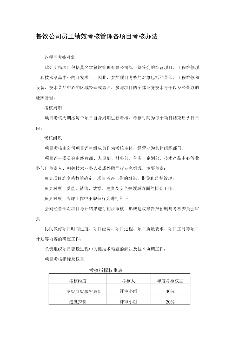 餐饮公司员工绩效考核管理各项目考核办法.docx_第1页