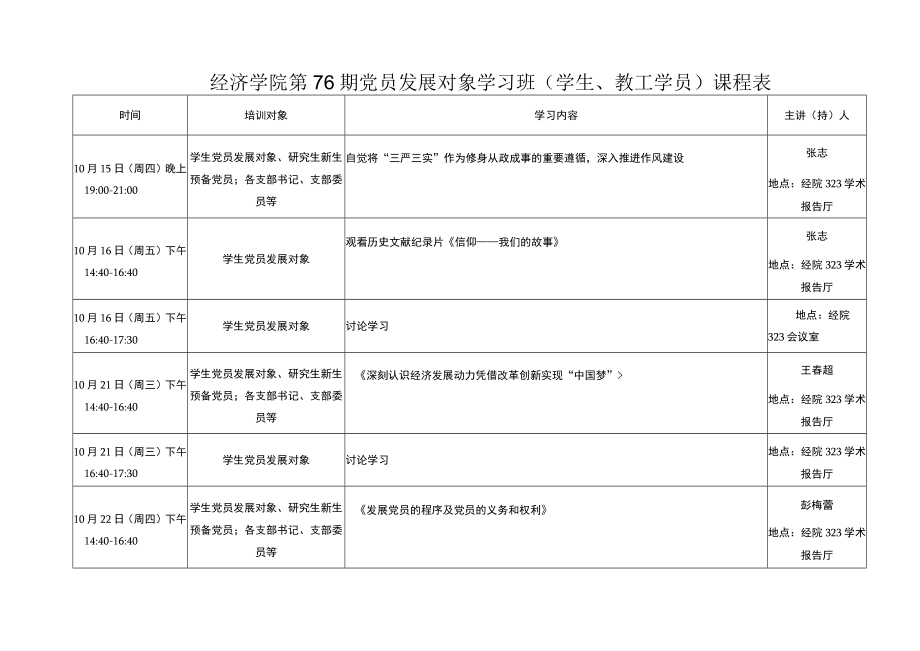 经济学院第76期党员发展对象学习班学生、教工学员课程表.docx_第1页