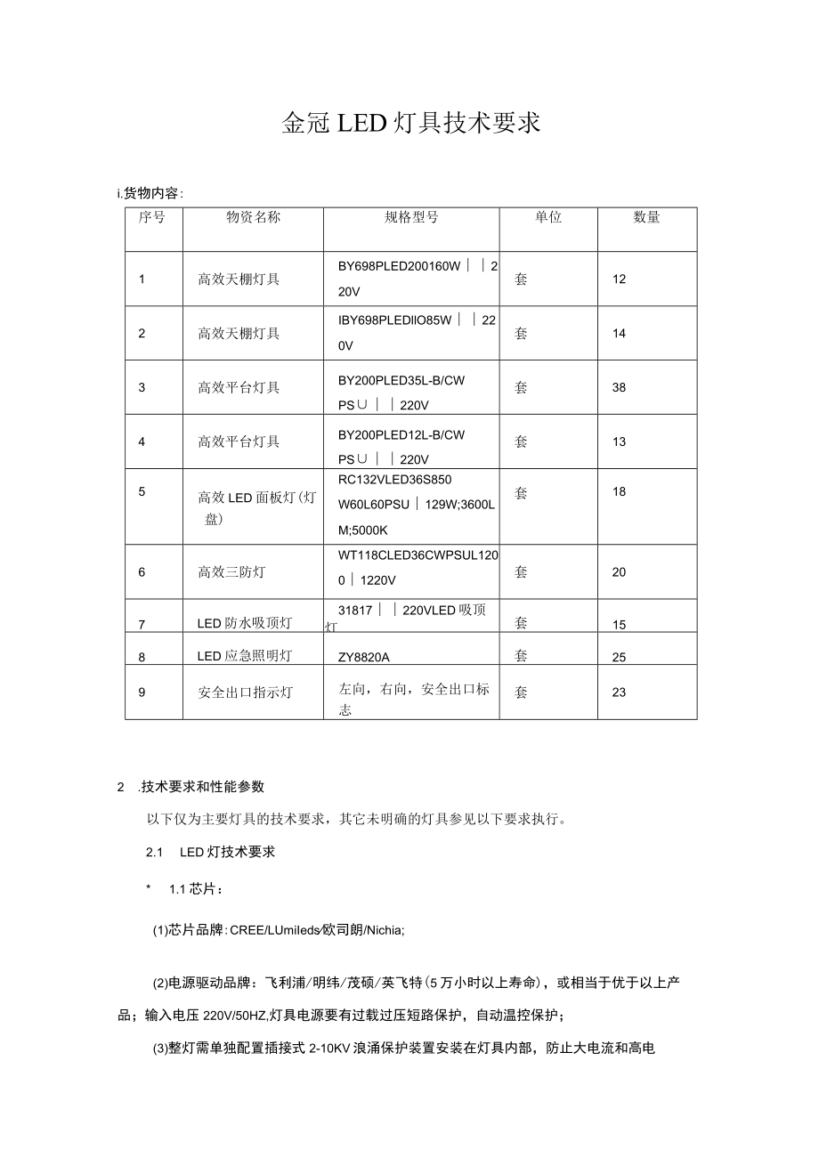 金冠LED灯具技术要求.docx_第1页