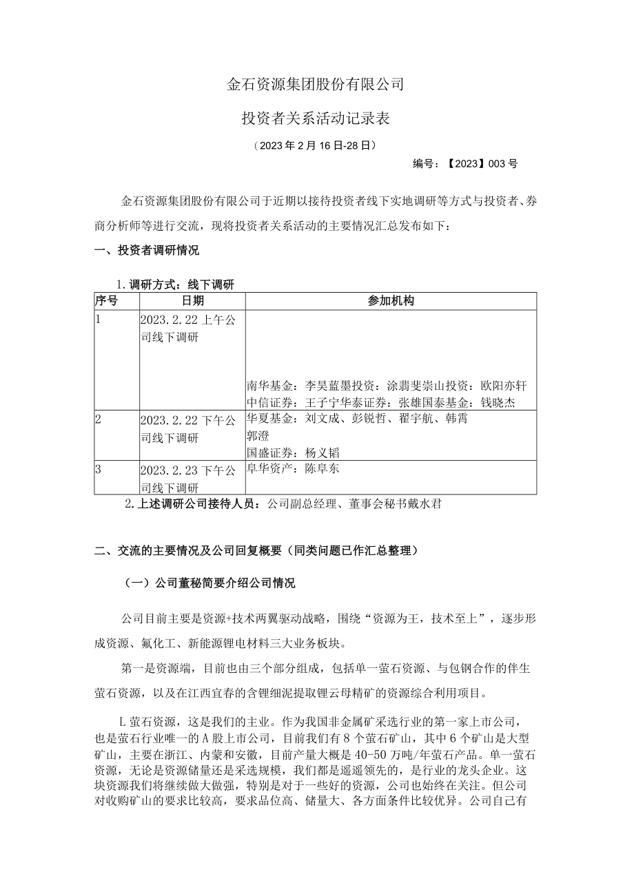 金石资源集团股份有限公司投资者关系活动记录表.docx_第1页