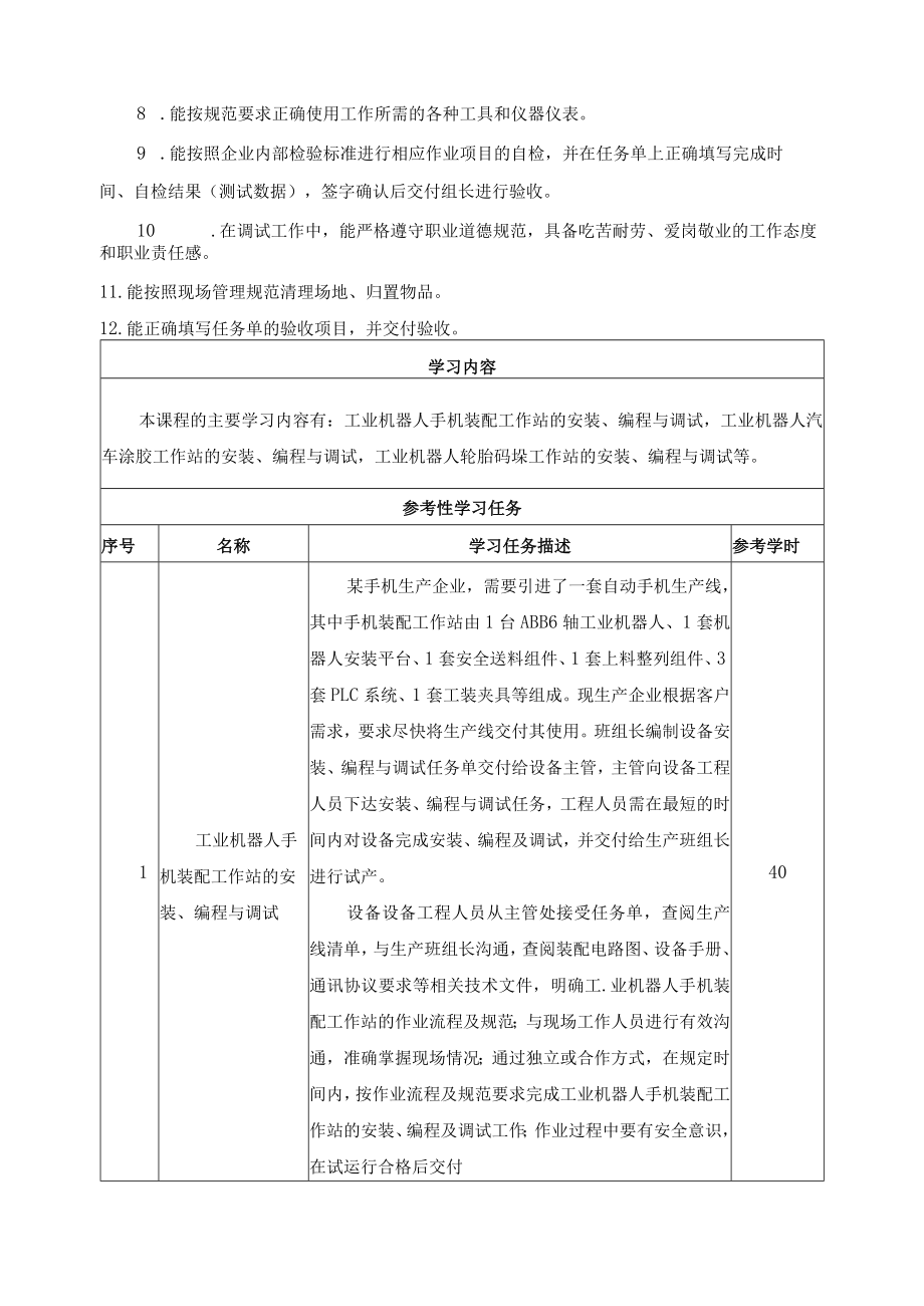 《工业机器人安装、编程与调试》一体化课程标准.docx_第2页