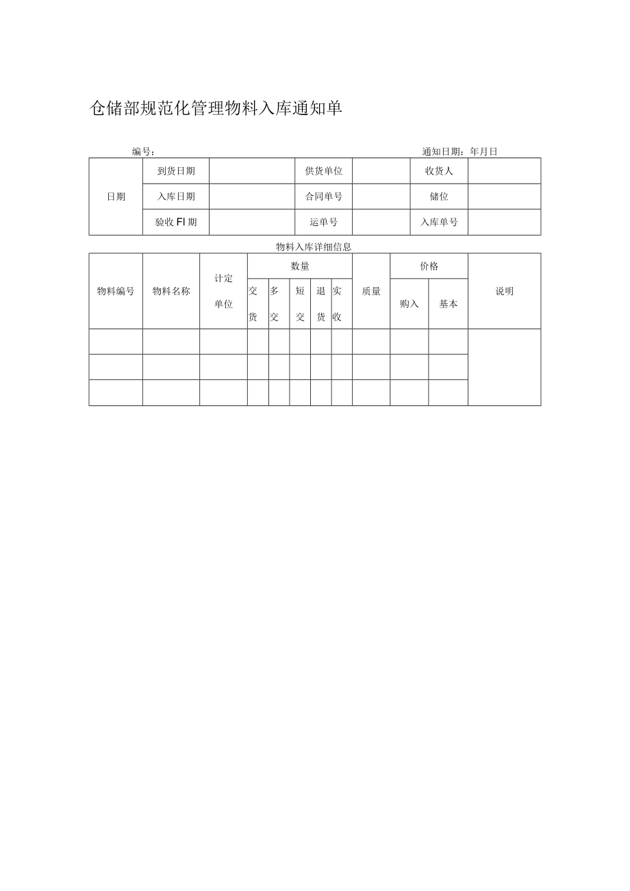 仓储部规范化管理物料入库通知单.docx_第1页