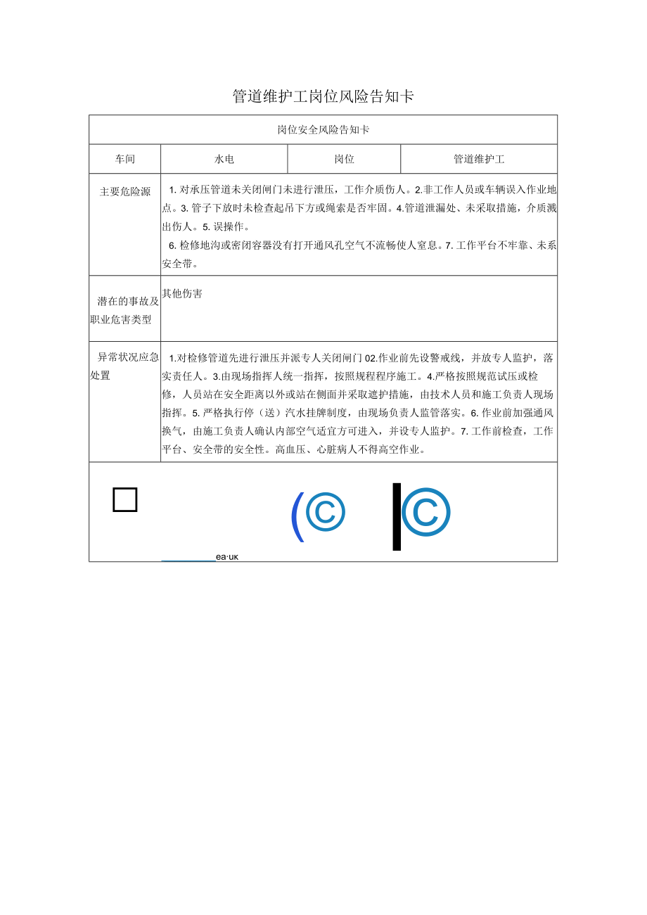 管道维护工岗位风险告知卡2023.docx_第1页