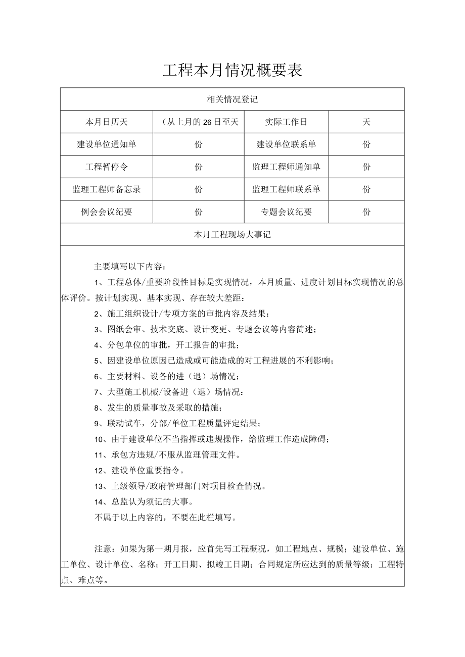 工程本月情况概要表.docx_第1页