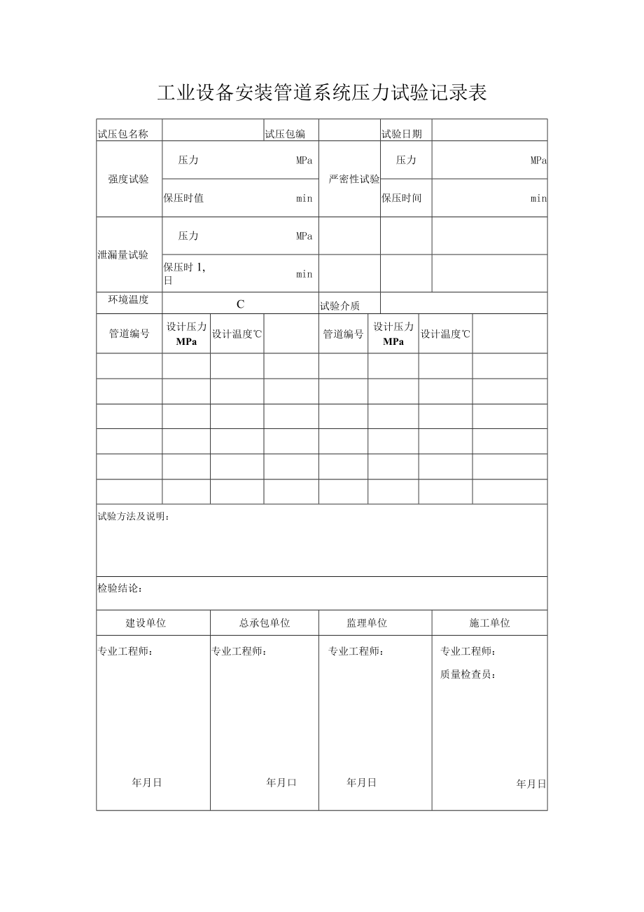 工业设备安装管道系统压力试验记录表.docx_第1页