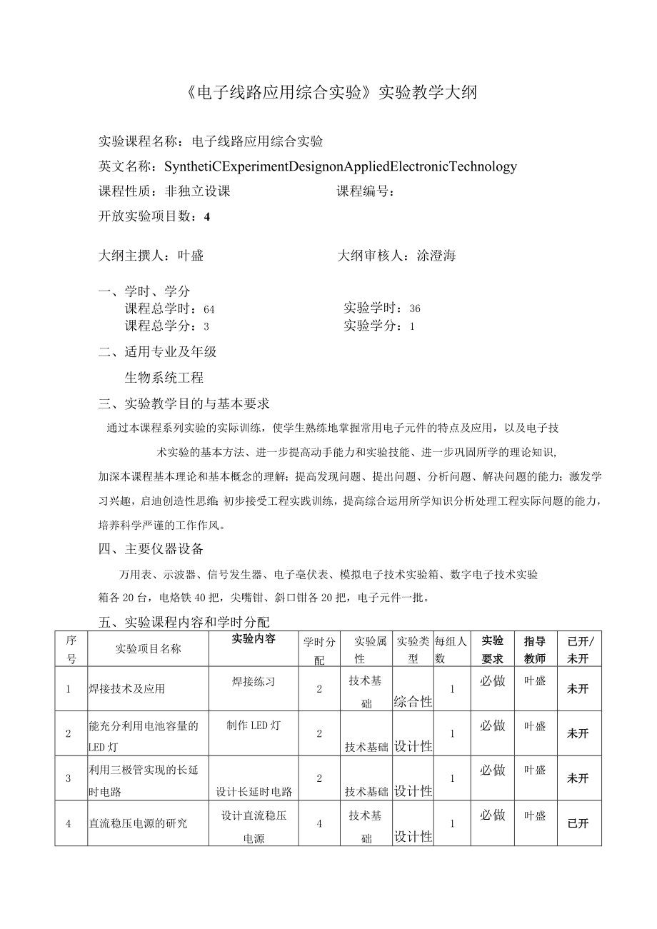 《电子线路应用综合实验》实验教学大纲.docx_第1页