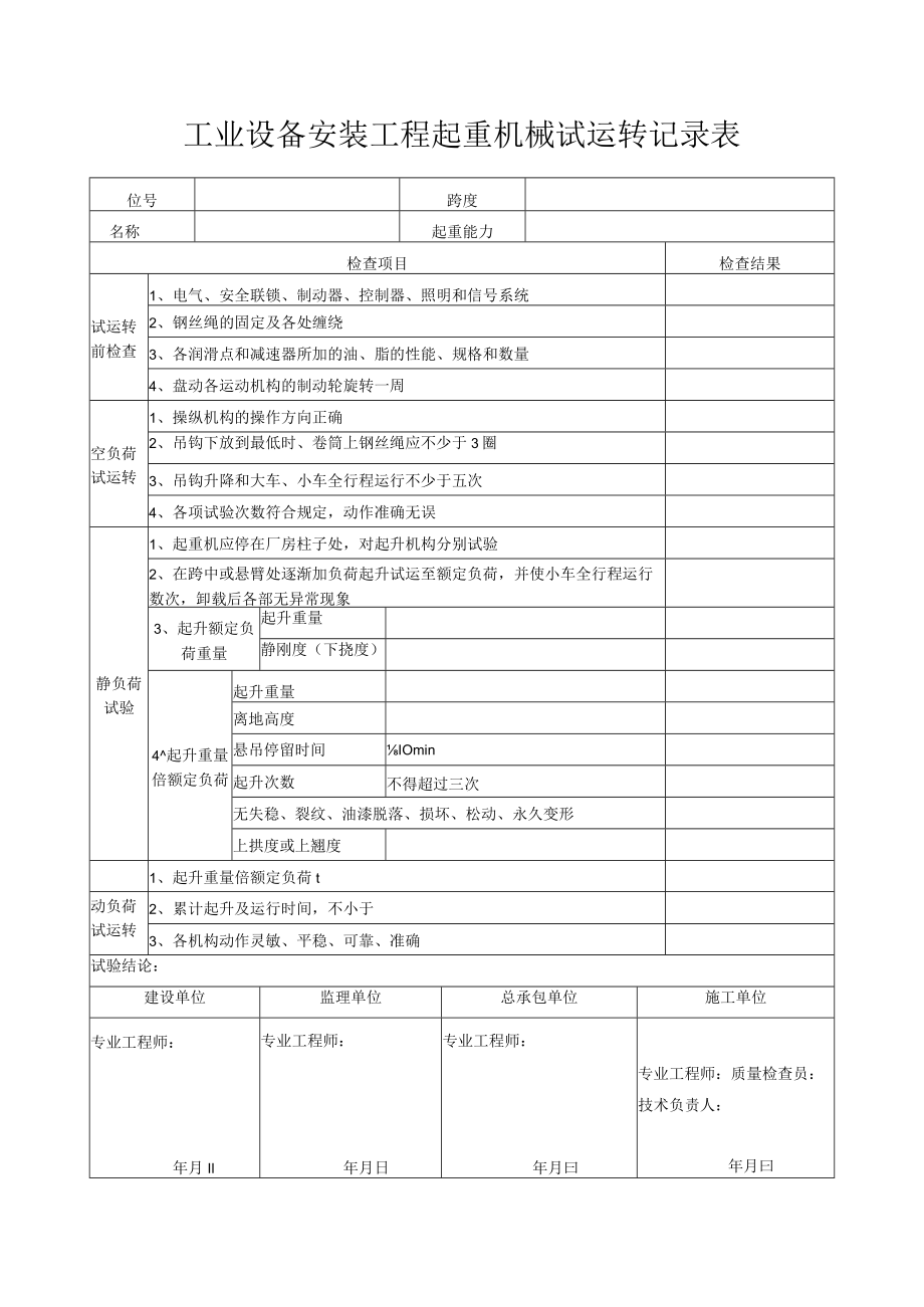 工业设备安装工程起重机械试运转记录表.docx_第1页