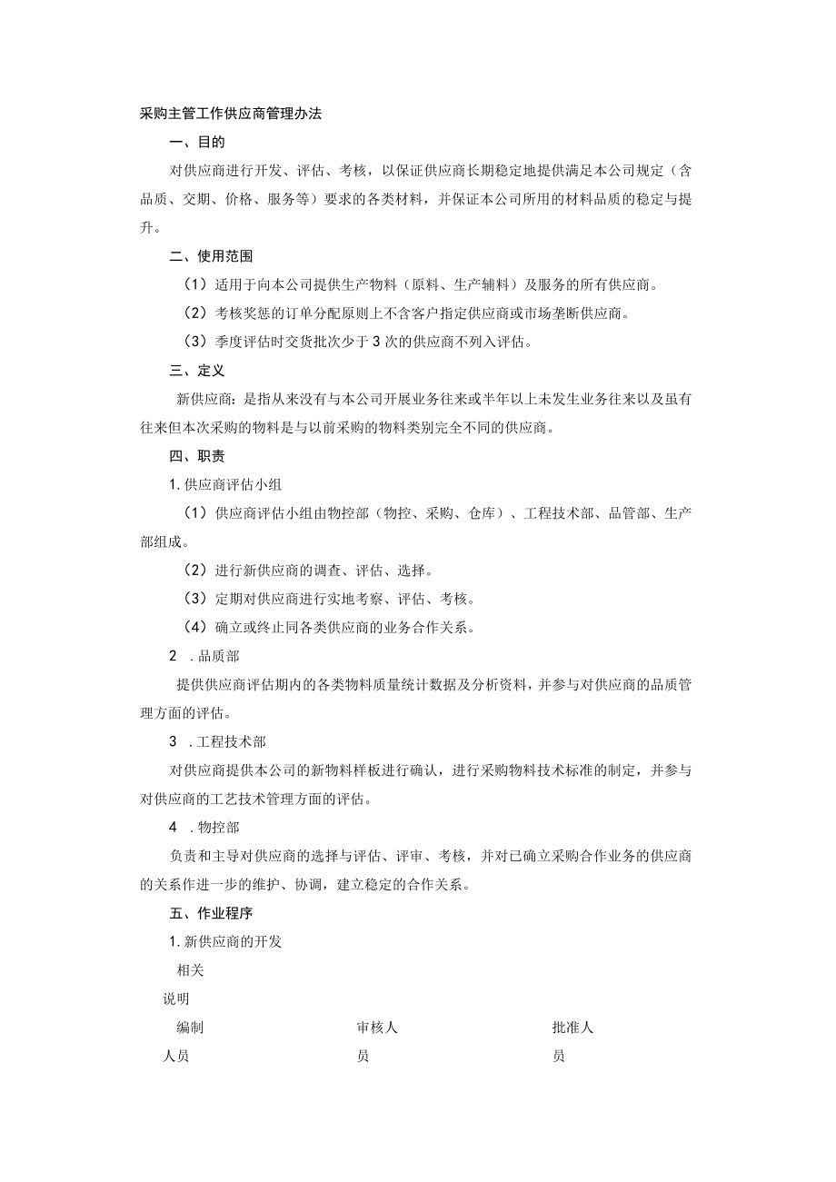 采购主管工作供应商管理办法.docx_第1页