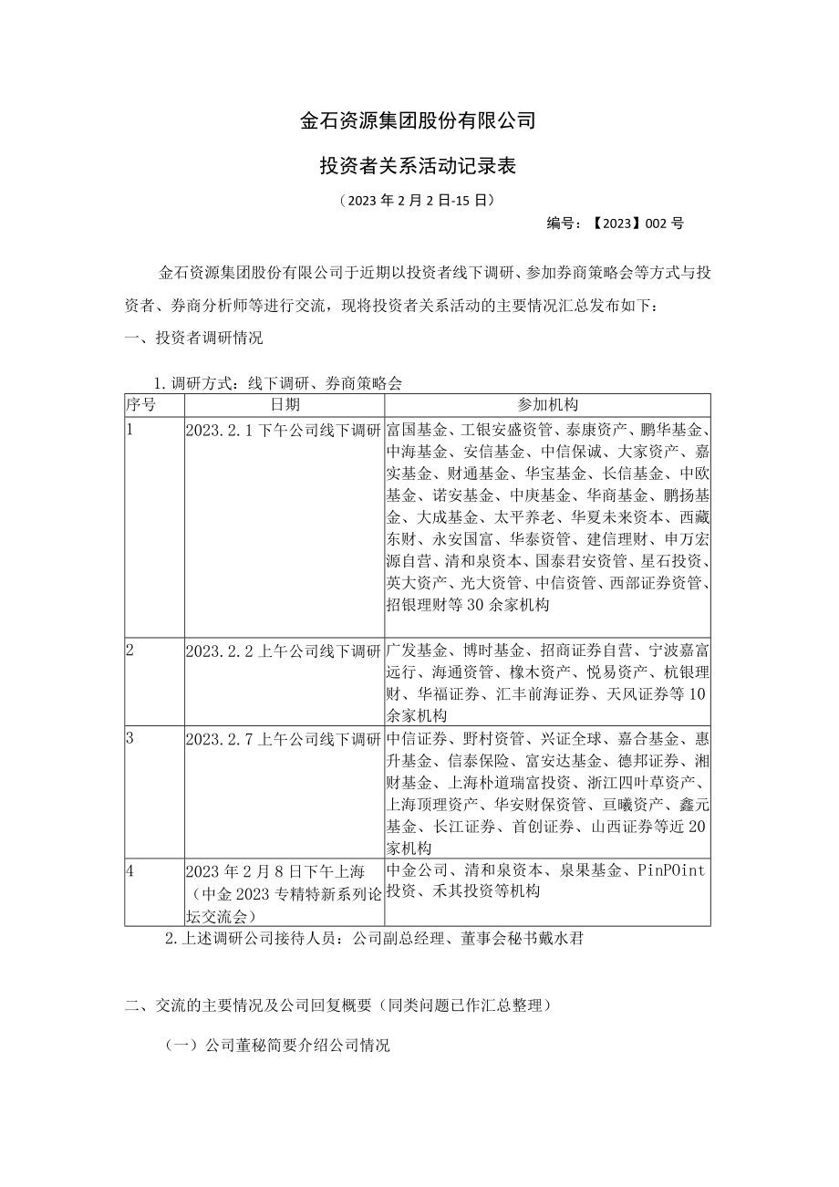 金石资源集团股份有限公司投资者关系活动记录表.docx_第1页