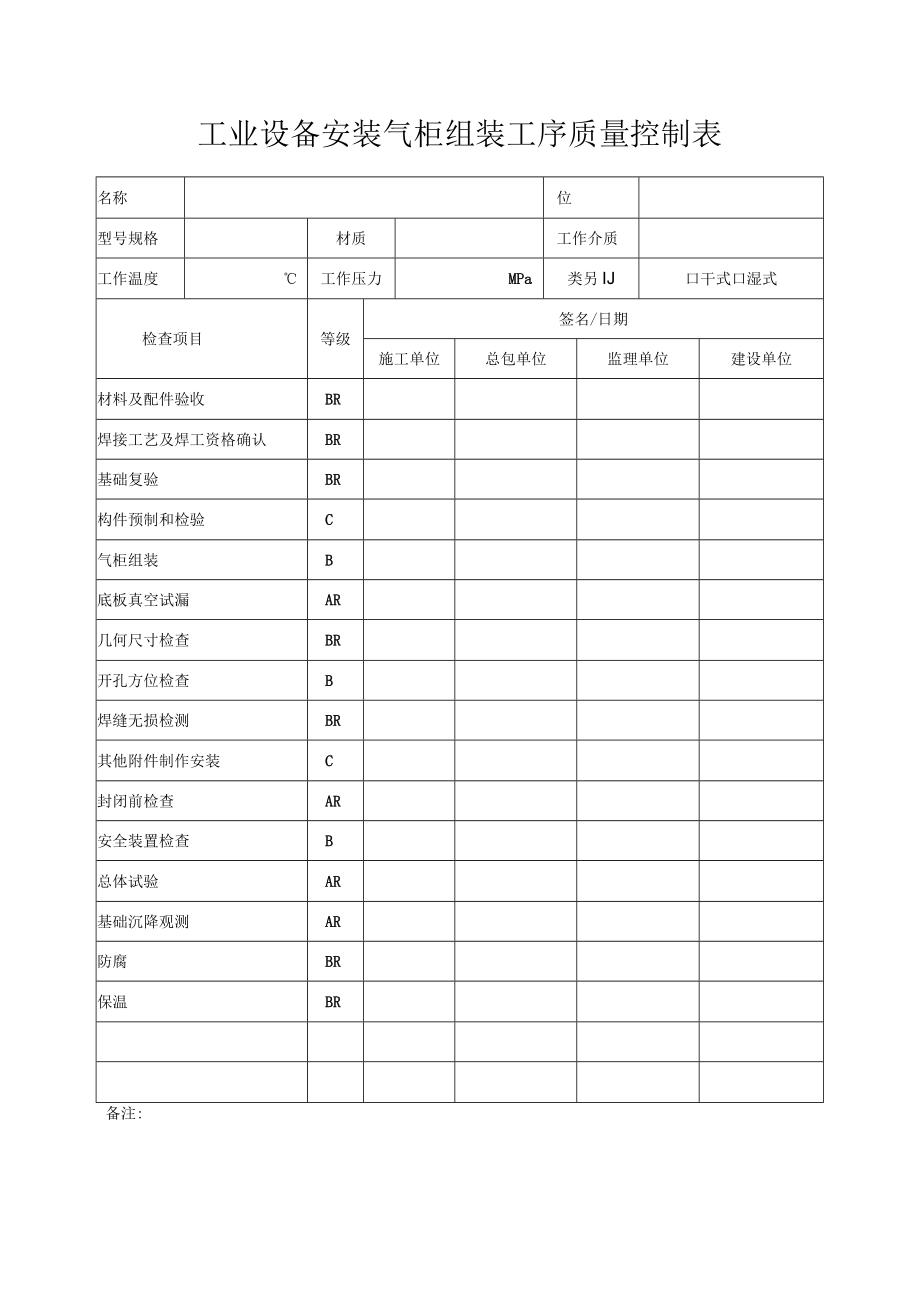 工业设备安装气柜组装工序质量控制表.docx_第1页