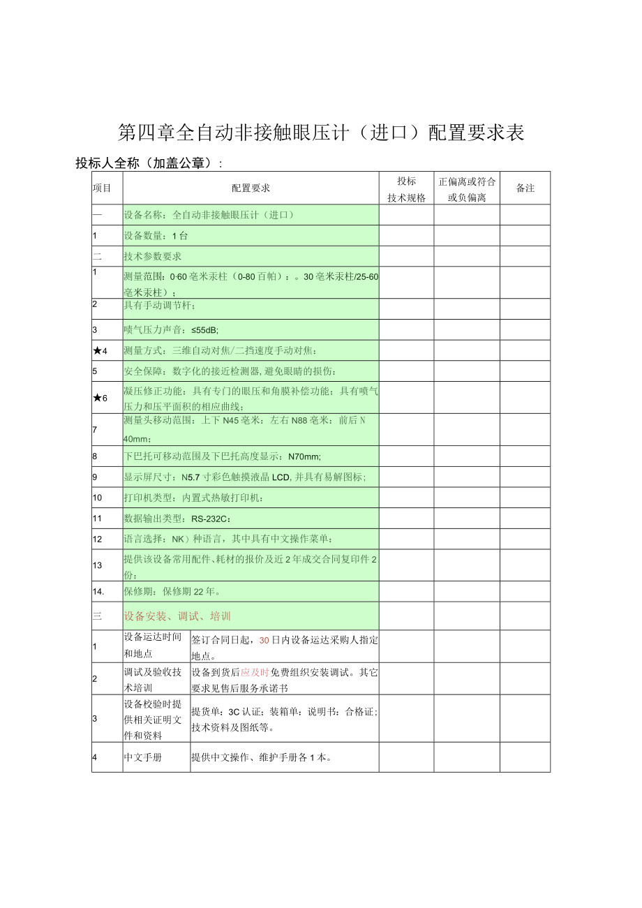 第四章全自动非接触眼压计进口配置要求表.docx_第1页