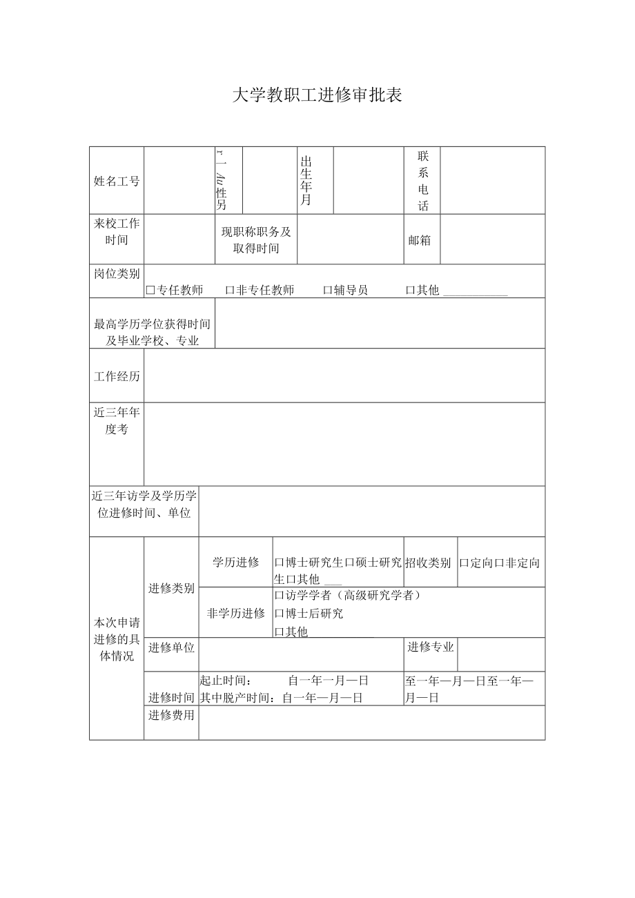 大学教职工进修审批表.docx_第1页