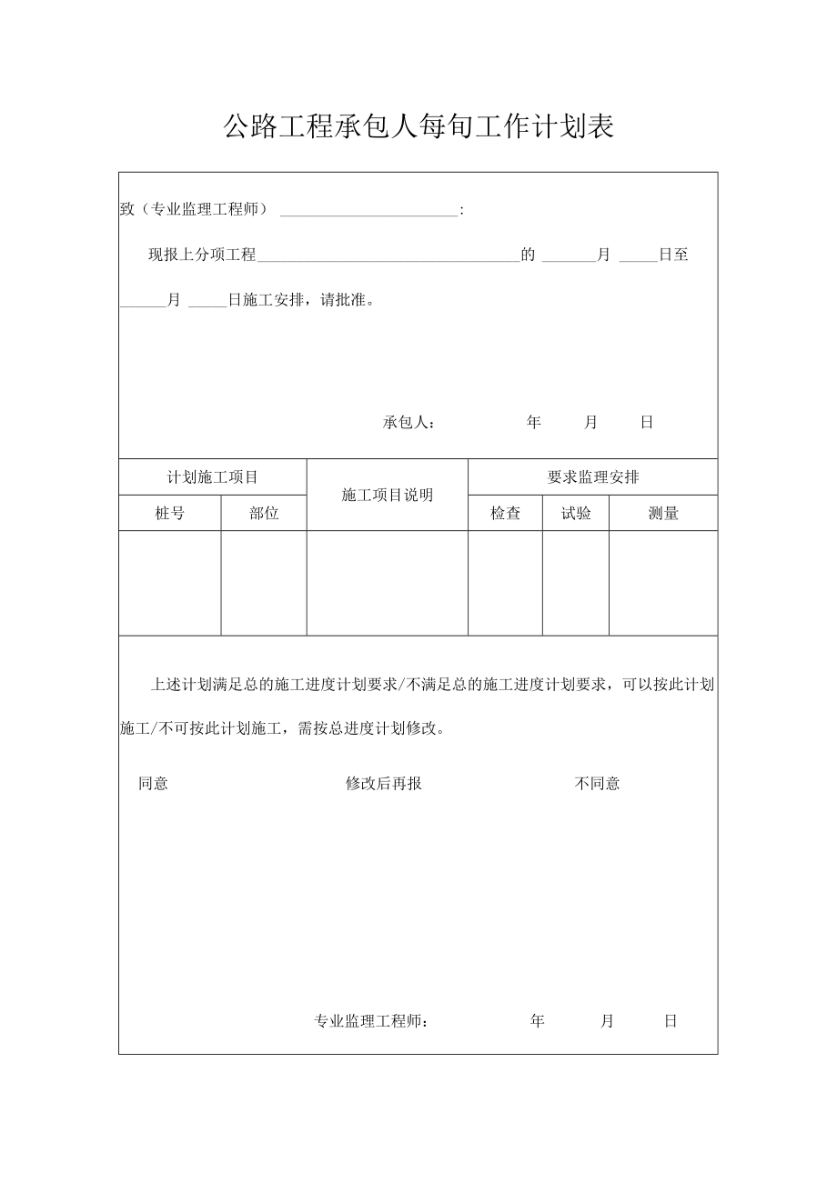 公路工程承包人每旬工作计划表.docx_第1页