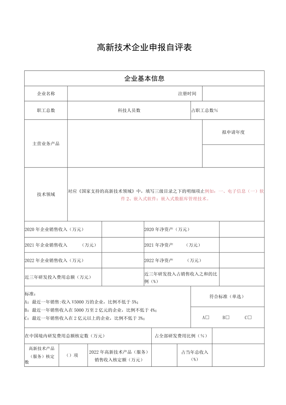 高新技术企业申报自评表.docx_第1页