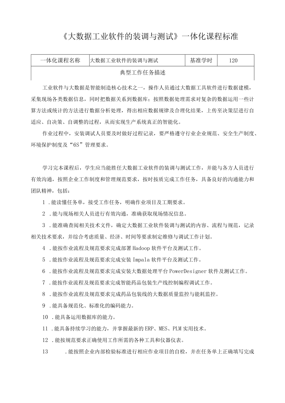 《大数据工业软件的装调与测试》一体化课程标准.docx_第1页