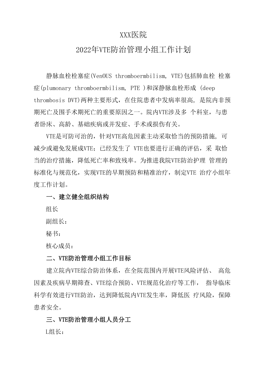 2022年VTE防治管理小组工作计划.docx_第1页