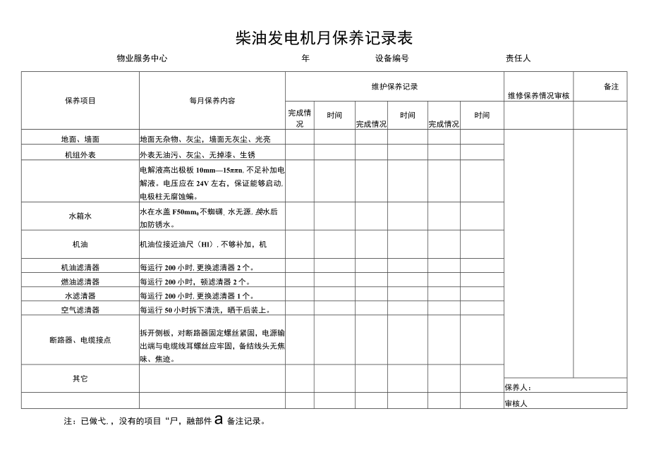 柴油发电机月保养记录表.docx_第1页