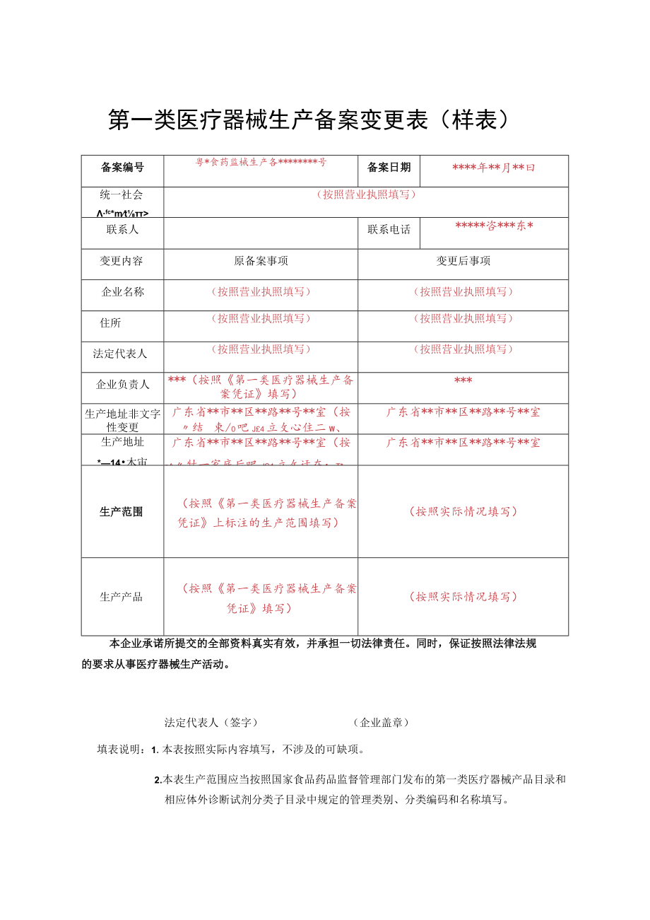 第一类医疗器械生产备案变更表样表.docx_第1页