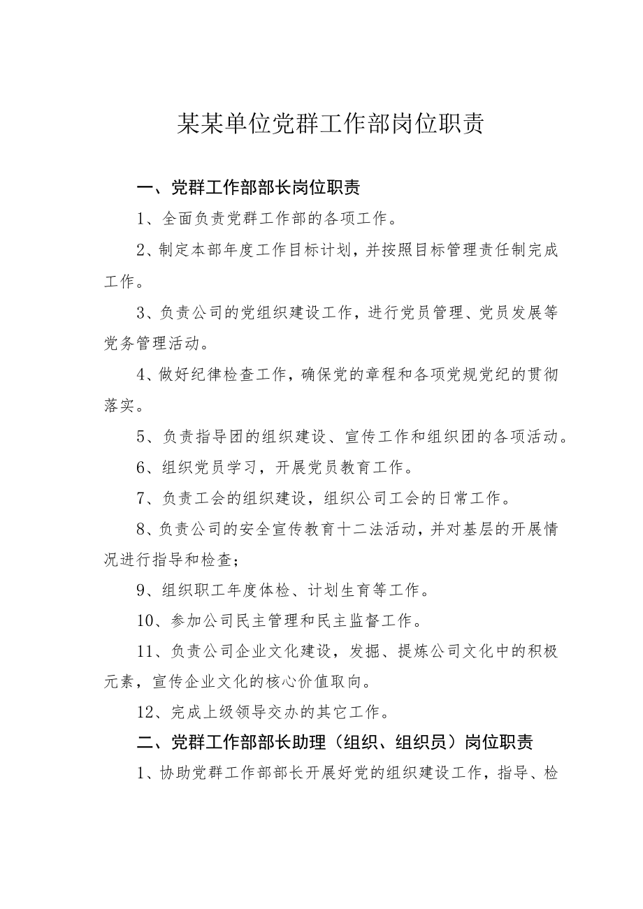 某某单位党群工作部岗位职责.docx_第1页