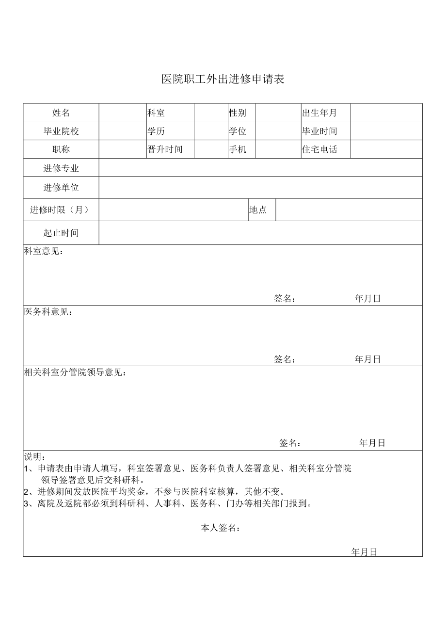 医院职工外出进修申请表.docx_第1页