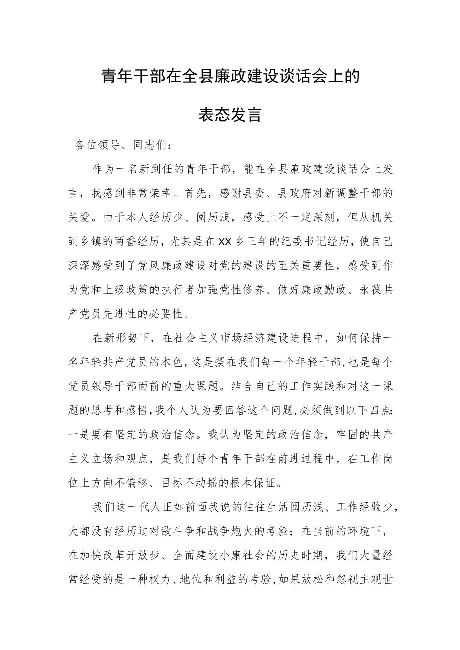 青年干部在全县廉政建设谈话会上的表态发言.docx_第1页