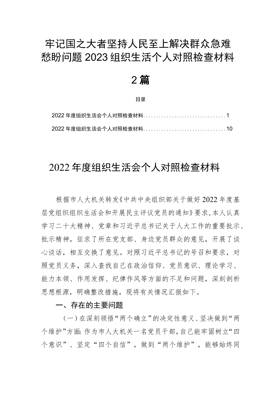 牢记国之大者坚持人民至上解决群众急难愁盼问题个人对照检查材料2篇.docx_第1页