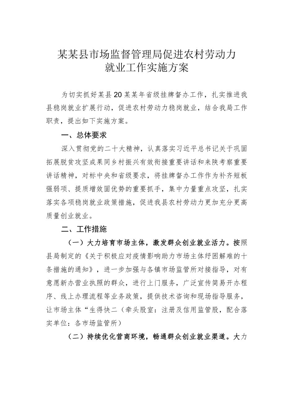 某某县市场监督管理局促进农村劳动力就业工作实施方案.docx_第1页