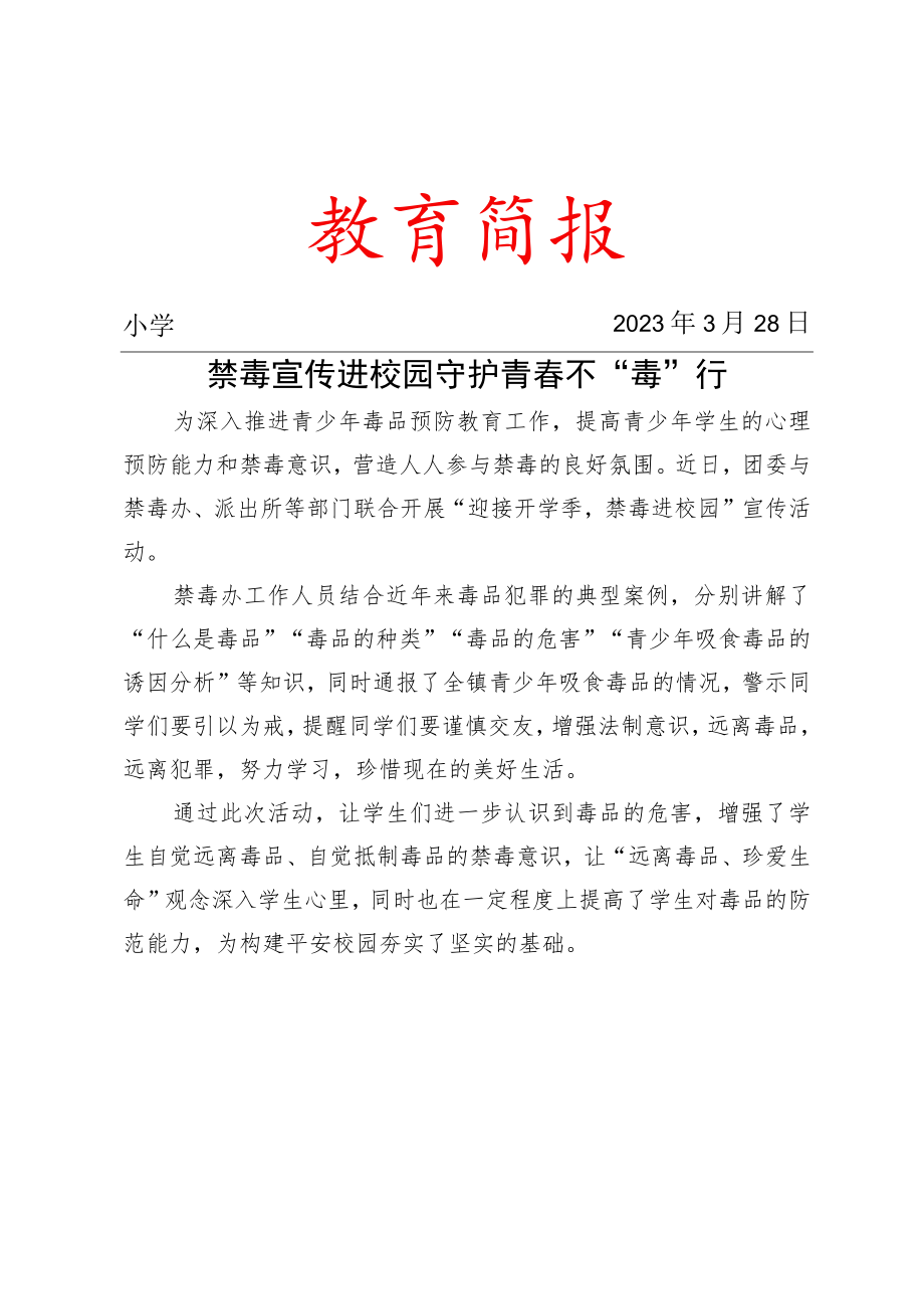 禁毒宣传进校园 守护青春不“毒”行简报.docx_第1页