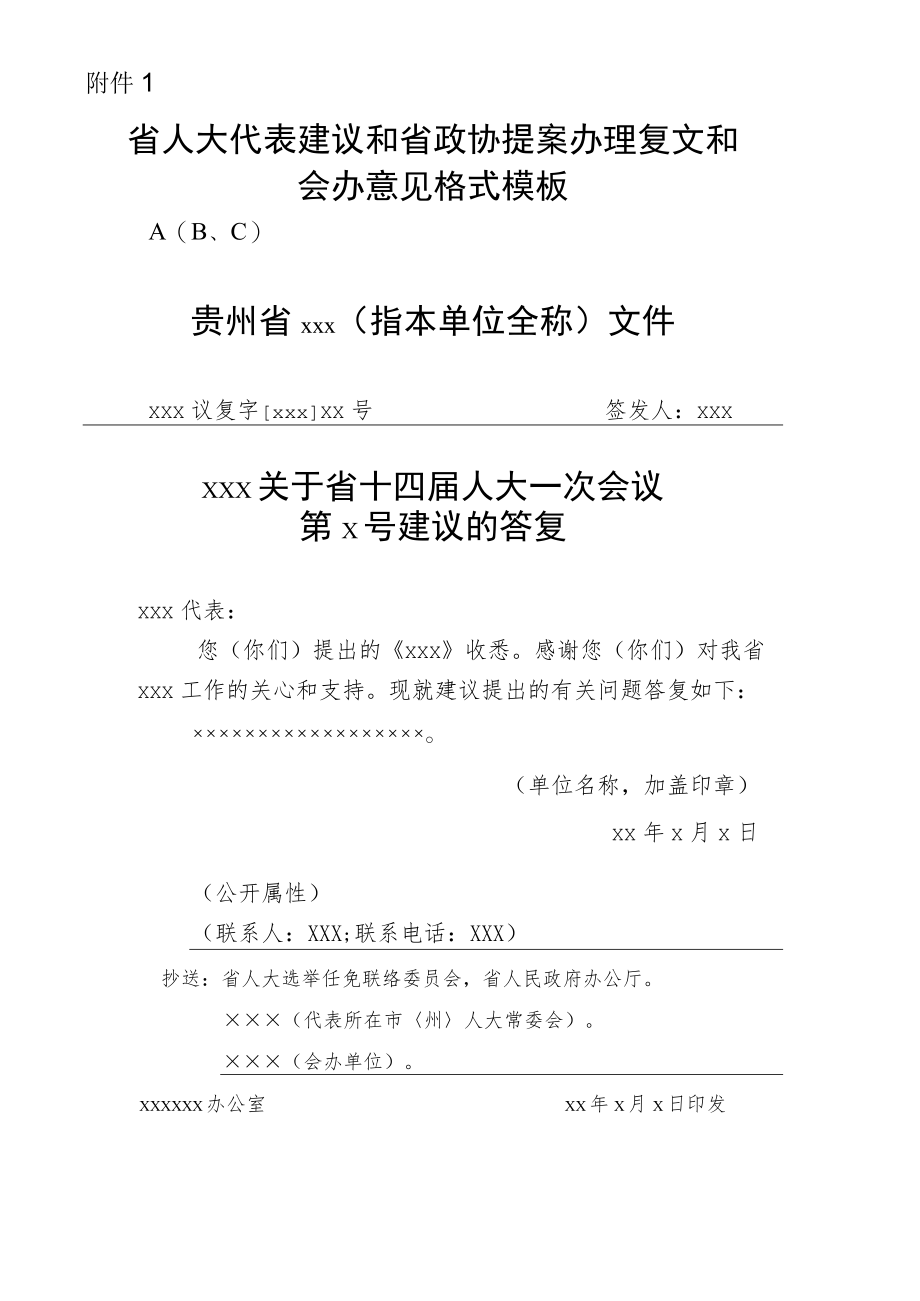 省人大代表建议和省政协提案办理复文和会办意见格式模板.docx_第1页