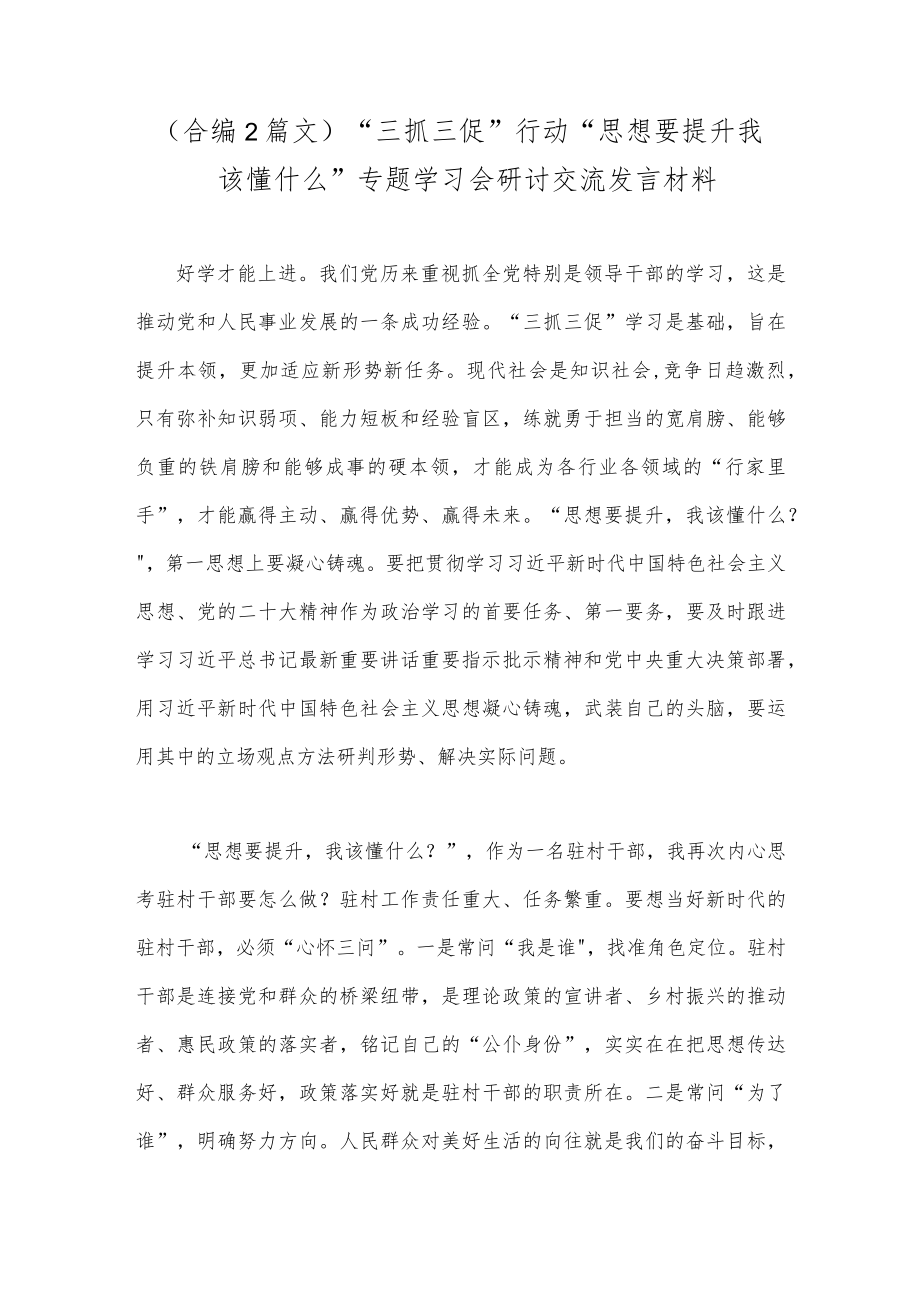 （合编2篇文）“三抓三促”行动“思想要提升我该懂什么”专题学习会研讨交流发言材料.docx_第1页